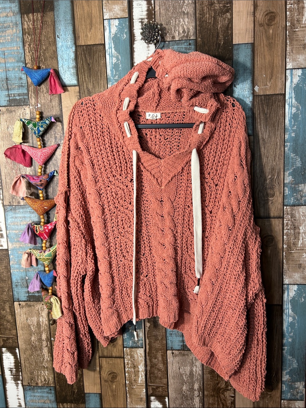 POL Coral Cable-Knit Hooded Sweater with Drawstrings